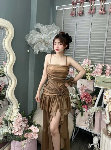 đầm 2s maxi dáng dài xẻ tà phối hoa+dây buộc tóc