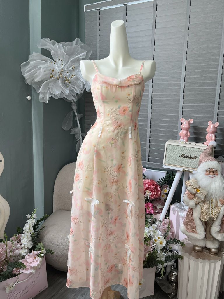 Đầm 2s viền ren dáng dài đính nơ (c23)