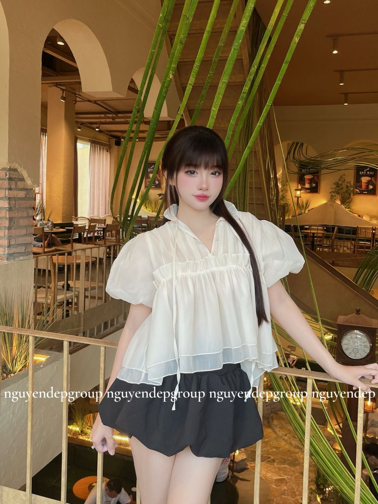 Set áo babydoll tay bồng croptop cv bí