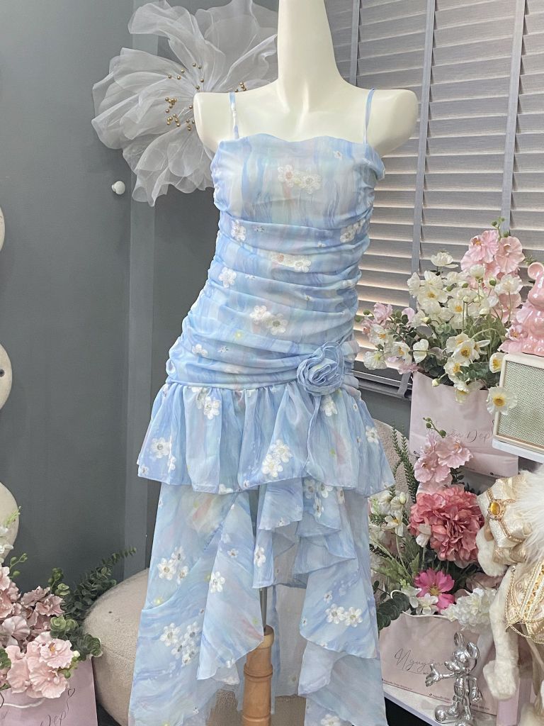 đầm 2s maxi dáng dài xẻ tà phối hoa+dây buộc tóc