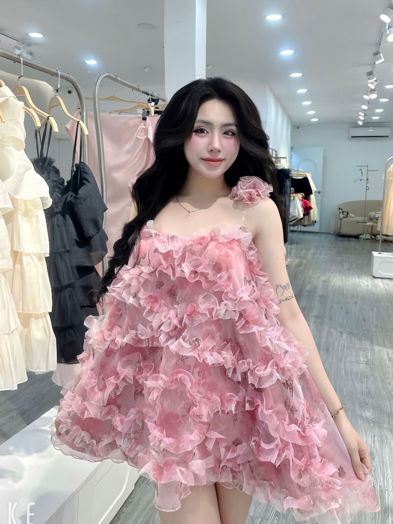đầm voan lưới hoa hồng (d50)