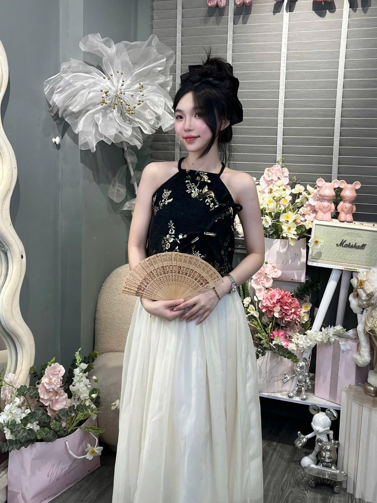 Set áo yếm dệt kim phối cv xoè