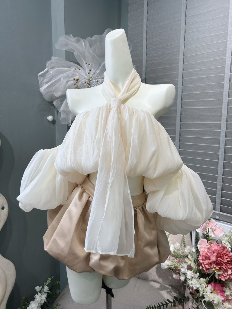 Set áo yếm tay bồng hở lưng phối cv tacka (c51)