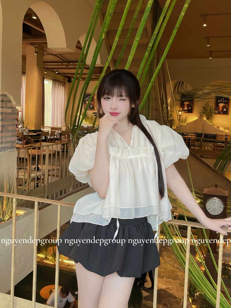 Set áo babydoll tay bồng croptop cv bí