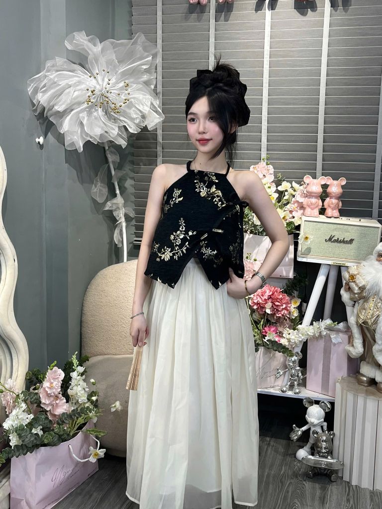 Set áo yếm dệt kim phối cv xoè