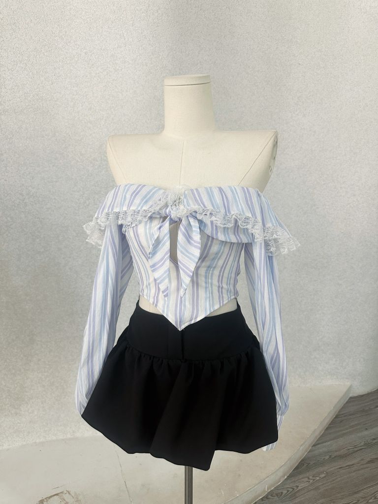 Set sơmi croptop bẹt vai + cv bí (d01)