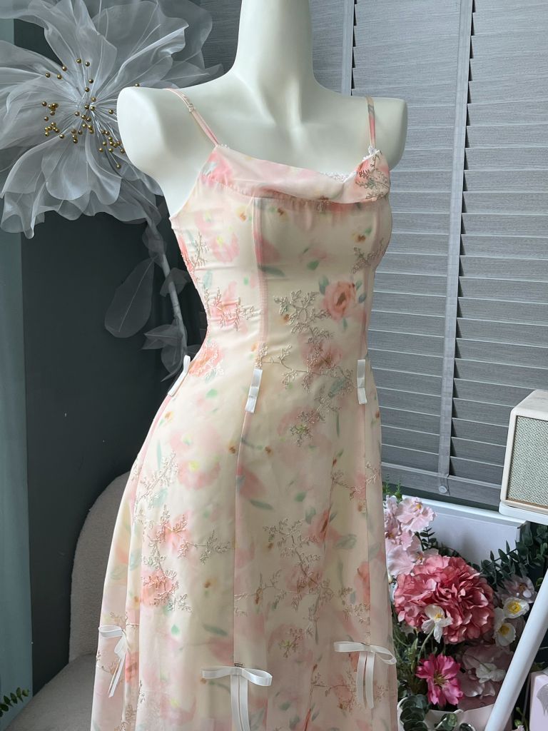 Đầm 2s viền ren dáng dài đính nơ (c23)